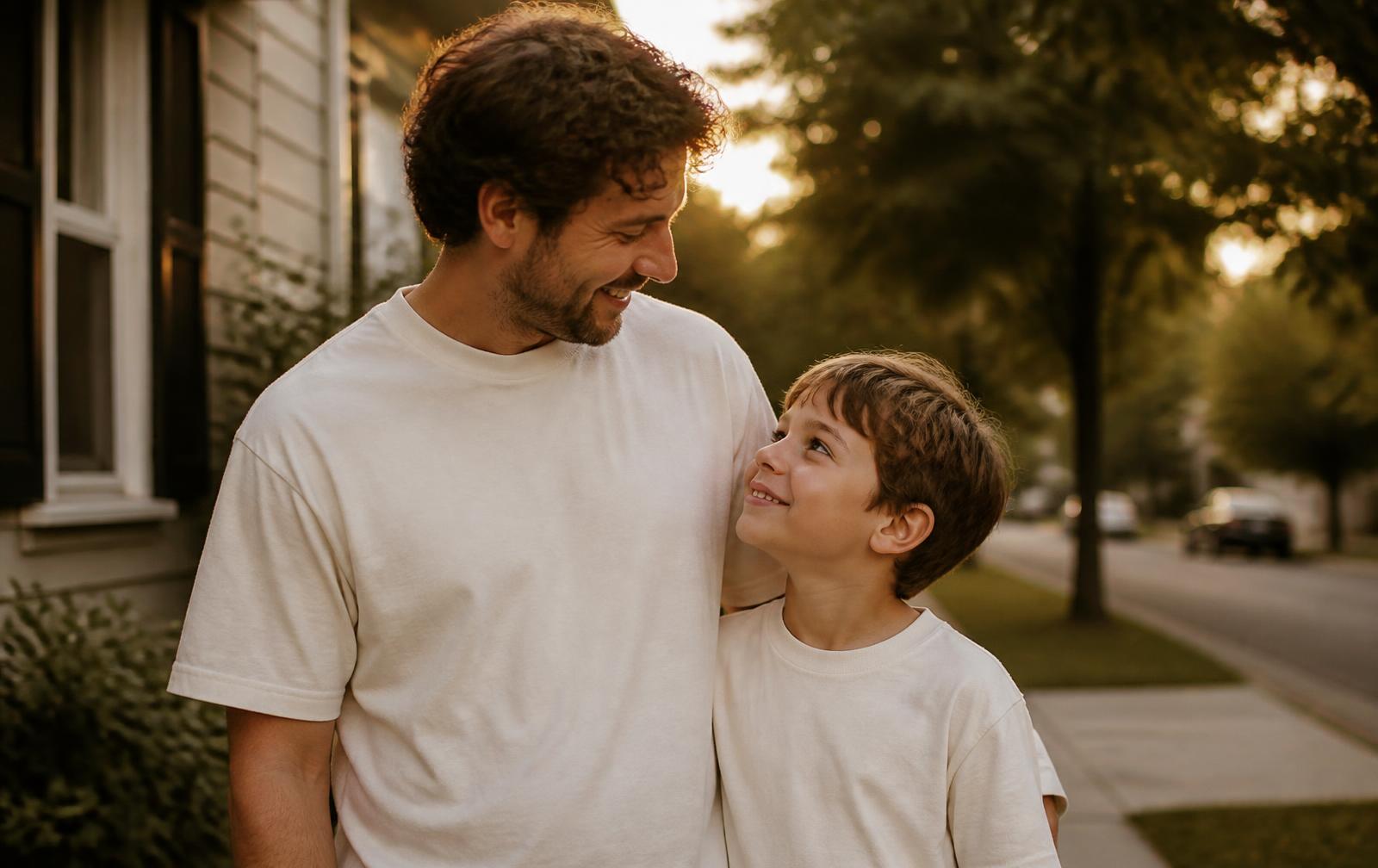 A father and his son standing together on a neighborhood sidewalk at golden hour in matching cream tees